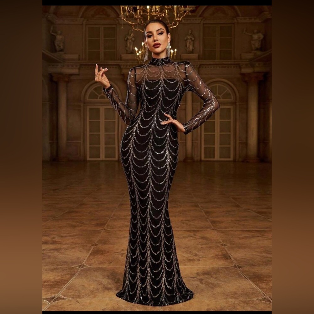 Elegant Long Sleeve Black and Silver Dress